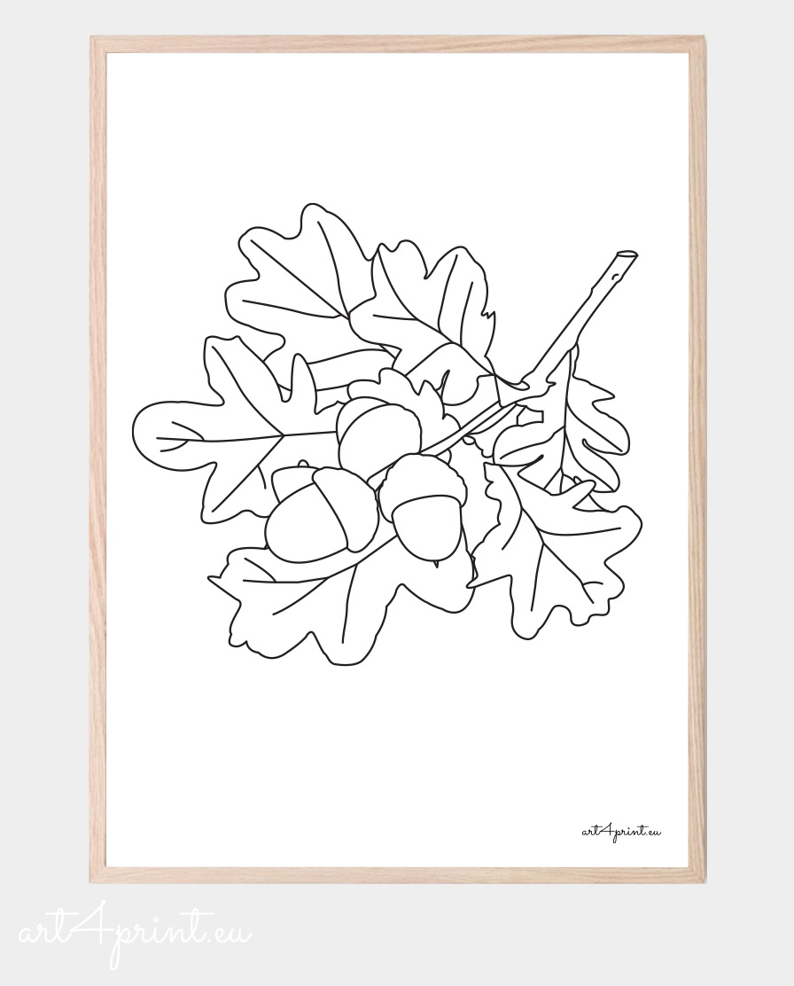 Oak branches line art composition for print and interior decoration