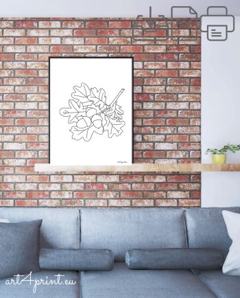 Oak branches line art composition for print and interior decoration