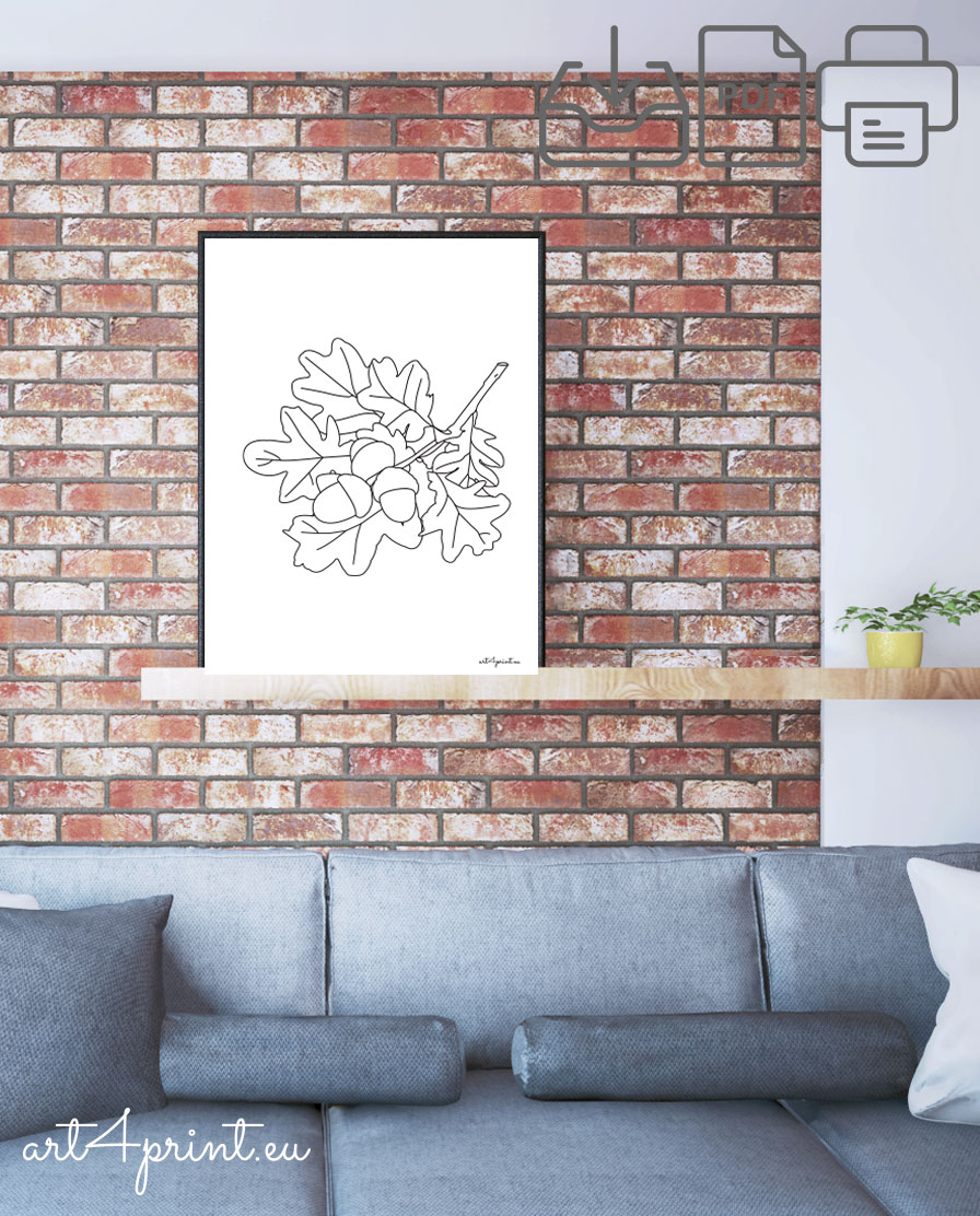 Oak branches line art composition for print and interior decoration