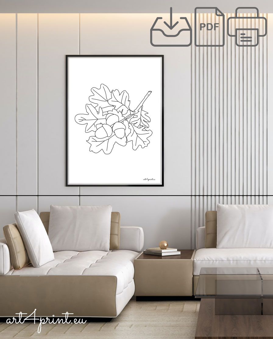 Oak branches line art composition for print and interior decoration