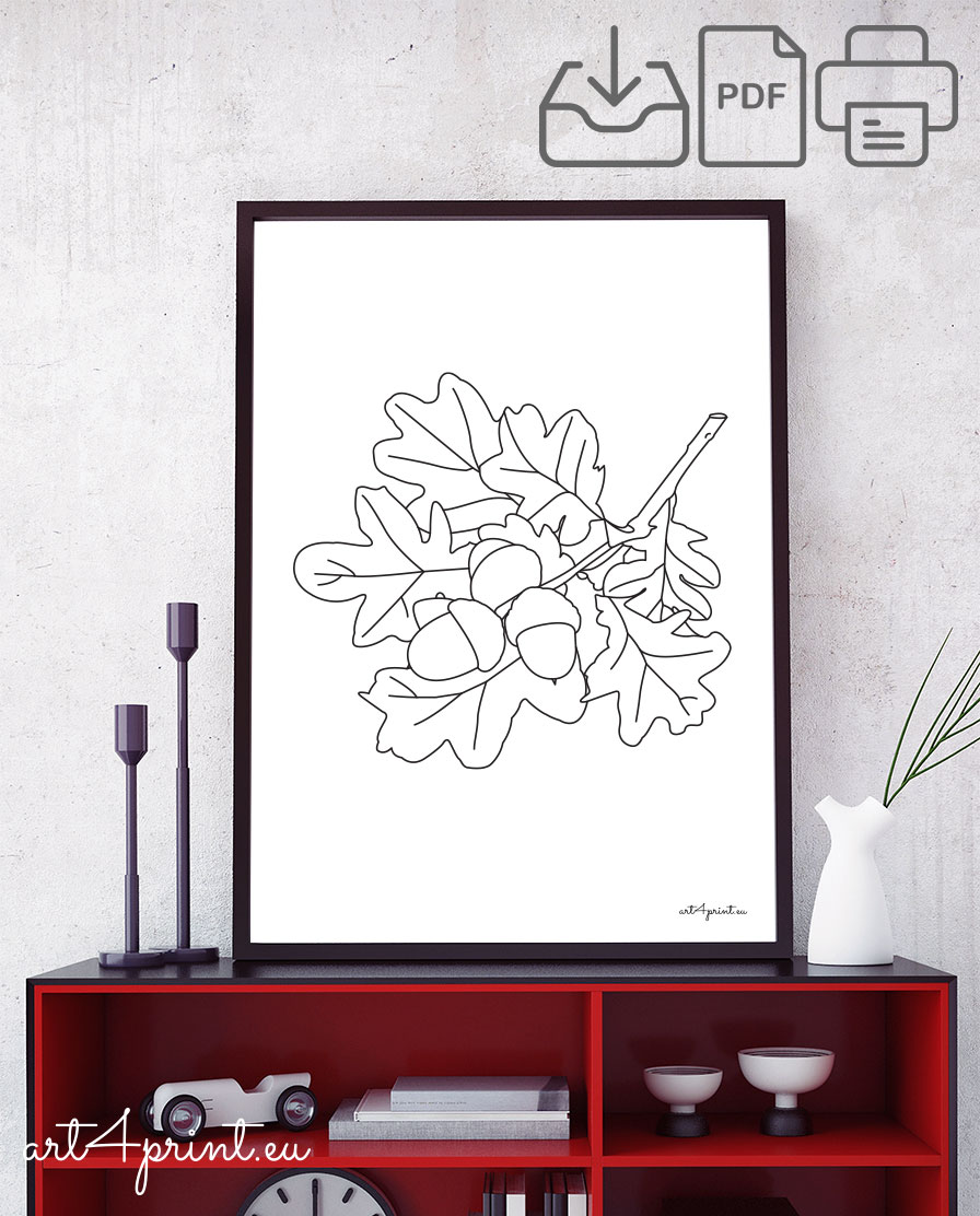 Oak branches line art composition for print and interior decoration