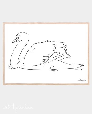 Swan line art print black white decoration