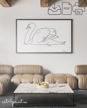 Swan line art print black white decoration